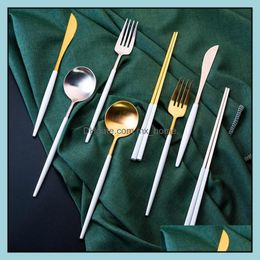 Wedding Spoon Fork Knife Gold Sier 18/8 Stainless Steel Flatware Dinnerware Tableware Cutlery Handle White Drop Delivery 2021 Sets Kitchen