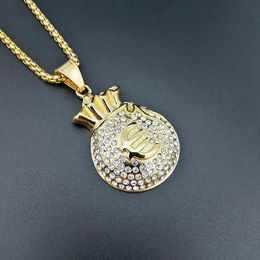 Pendant Necklaces Full Rhinestone Gold Color 316L Stainless Steel Euro Money Bag Necklace For Men Hip Hop Rock Jewerly GiftPendant