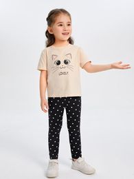 Toddler Girls Letter and Cat Print Top & Polka Dot Leggings SHE