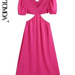 Women Fashion Hollow Out Smocked Elastic Midi Dress Vintage Short Puff Sleeves Backless Female Dresses Vestidos Mujer 220526