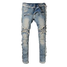 High street jeans fashion motorcycle style fluctuating male personality slim fit elastic stitching rough edge Harley cycling jeans men's old Colour