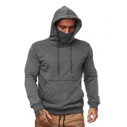 Oversized Hoodie Men Solid Color Face Cover Tactical Hoodies Casual Cord Autumn 2021 Hooded Sweatshirt Top L220725