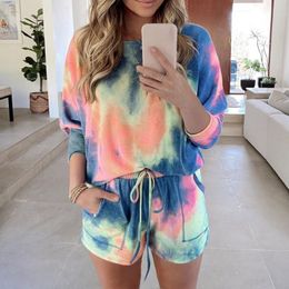 2 Piece Sets Women Tie Dye Print Homewear Casual Long Sleeve T Shirt And Drawstring Shorts Tracksuits Sleepwear Soft Pajamas 220616