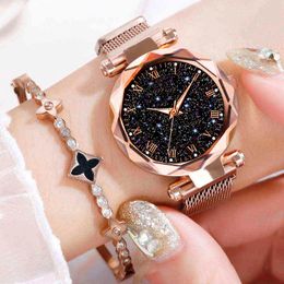 Frauen Luxus Starry Sky Wristes Magnetische Magnet Schnalle Quarzuhr Geometrische Oberfläche Weibliche Leuchtende Armband es Y220707