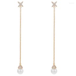 Anti-Allergy Ear Needle Earring Copper Plated Gold Inlaid Zircon Freshwater Pearl Chain Earrings For Women Jewelry Gift Dangle & Chandelier