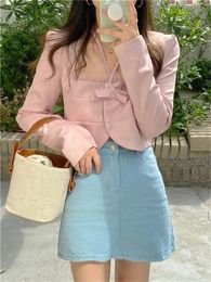 Women's Suits & Blazers Alien Kitty Pink High Waist Solid Slim Elegant Thin OL Chic Streetwear Spring Full Sleeve Fashion Office Lady CoatsW