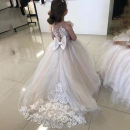 Girl's Dresses Wedding Party Flower Girl Dress Ball Gown Kids Pageant Big Bow Long Sleeves White Child Bride Vestidos De NoviaGirl's