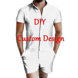 DIY Custom Design Summer 3D Printed Zipper Jumpsuit Short Sleeve Casual Overalls Outfits women for men 220704