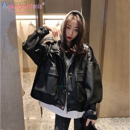 Aelegantmis Oversized Women Black Pu Leather Jacket Loose Hooded Faux Leather Jacket Lady Basic Casual Coat Y2k Outerwear L220801