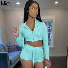 Kliou women cotton matching set hooded zipper full sleeve tops biker shorts casual 2piece outfits tracksuit sporty activewear 210331