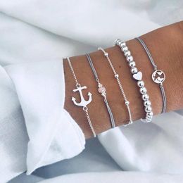 Link Chain Silver Color Beaded Bracelet Gray Thread 5pcs/set Set LOVE Natural Stone Bracelets For Women Wrist Jewelry Wholesale