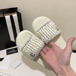 Women Fashion Designer Wool Hand-wove Platform Couple Slippers Open Toe One Word Drag Lattice Two-color Cross Braided Hardware Buckle Matching Sandals