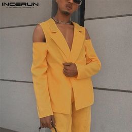 INCERUN Men Casual Blazer Solid Color Lapel Streetwear Long Sleeve Off Shoulder Leisure Suits One Button Thin Jackets Men 220801