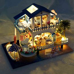 Mini DIY Wooden Doll House Kit Miniature Furniture Swimming Pool Casa Beach Cottage Dollhouse Toys for Children Girls Xmas Gifts