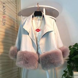 LANMREM Imitation Fur PU Leather Jacket Coat For Women 2022 Autumn Winter New Short Cotton Lining Patchwork Female Trend L220801