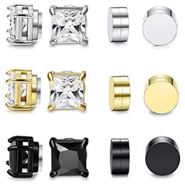 Clip-on & Screw Back Pairs Of Magnetic Earrings Men And Women Round Square CZ Magnet Non-piercing Clip Set Black Steel GoldClip-on