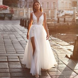 High Split Civil Bride Dresses Spaghetti StrapBeach Wedding Gown with Detachable Train 3D Flower Robe De Mariée