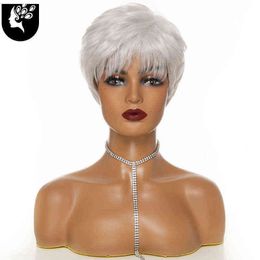 White Blonde Synthetic Straight Short Wigs with Bangs High Temperature Fiber Brown Hair for Women Cosplay Wig Your Beauty 220525