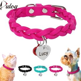 Suede Leather Dog Collar Braided Dog Puppy Cats ID Collar With Name Tag Personalised Engraved for Small Medium Dogs Free Bell 220610