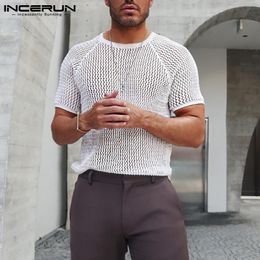 Men T Shirt Solid Colour Hollow Out See Through Streetwear Short Sleeve O Neck Tops Vacation Casual Sexy Camisetas INCERUN 7 220616