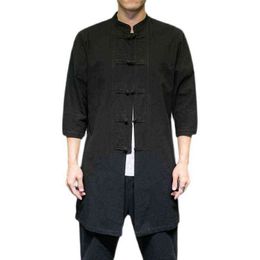 2022 Men Loose Vintage Cotton Linen Shirts Men Kimono Cardigan Long Shirts Male Chinese Style Black Summer Camisa Masculina L220706
