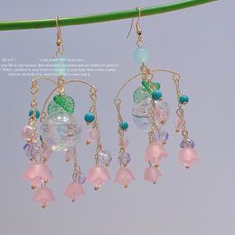 Dangle & Chandelier 2022 Glass water polo green leaves pink crystal tassel earrings