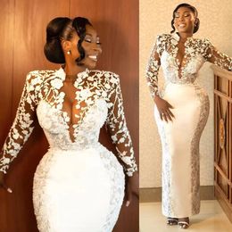 Elegant Ankle Length Sheath Wedding Dress High Neck Long Sleeve White Lace Robe De Soiree Plus Size Bridal Party Dresses