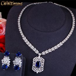 CWWZircons Shiny White Gold Color Royal Blue CZ Stone Women Luxury Wedding Necklace and Earrings Jewelry Set for Brides T495 220726