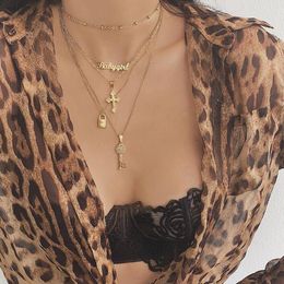 Fashion Gold Multilayer Key Lock Cross English Letter Pendant Necklace Set Babygirl Necklaces For Women