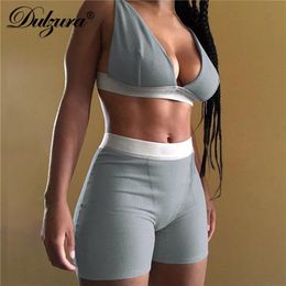 Dulzura Ribbed Patchwork Women Two Piece Set Bra Crop Top Biker Shorts Suits Bodycon Sexy Streetwear Matching Sporty Tracksuit 220602