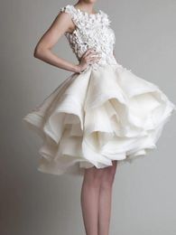 organza tiered mini skirt UK - A-Line Wedding Dresses Jewel Neck Asymmetrical Polyester Sleeveless Country Little White Dress Plus Size with Appliques Cascading Ruffles 2022