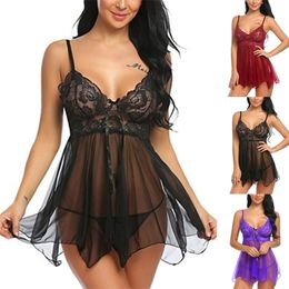Lace Sleeveless Babydoll V-neck Nightdress Pajamas Sexy Lingerie Ladies Silk Evening Dress Plus Size Underwear Thong Set 220516