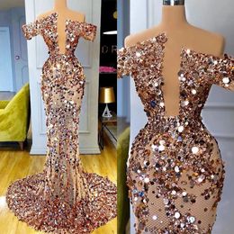 Full Sequins Mermaid Evening Dresses African Off Shoulder Deep V Neck Shiny Party Wear Gowns