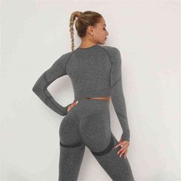 Fashion New Seamless Knitted Tight Yoga Set Two Pieces Female Outdoor Training Waist Belly Pants Run Sport Long Sleeves J220706