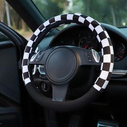 plush elastic UK - Steering Wheel Covers 38cm Chessboard Plush Car Cover Elastic Black White Plaid Winter Warm Anti-slip Auto Interior Dropship