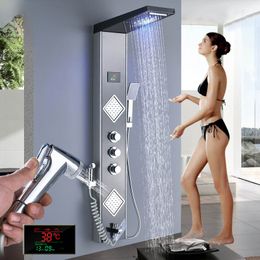 Rain Waterfall LED Shower Panel Black Shower Column Tower Digital Screen TEMP 3 Handle Mixer Tap Spray Bidet Shower