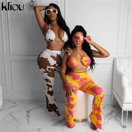 Kliou Printed Bodycon Two Piece Sets Women Autumn Sleeveless Streetwear Fashion Skinny Casual Outfits And Pants Co-ord Set 210331