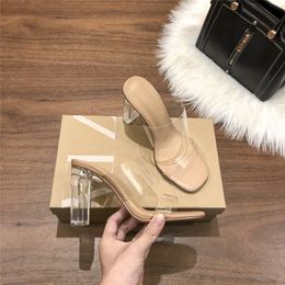 Woman Summer Square Head Sandals High End Quality Transparent High Heel Sandal Glass Glue Style Height 70mm 90mm Plastic Chunky Heels size 35-40