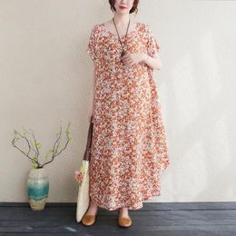 Plus Size Dresses BIG Summer Women Fashion Elegant Print Tops Ladies Female Large Long Short Sleeve Casual Loose Cotton Robe Dress