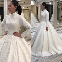 Gorgeous Muslim High Neck Wedding Dresses Bridal Ball Gown with Long Sleeves Sequins Lace Aplique Sweep Train Custom Made Plus Size vestido de novia