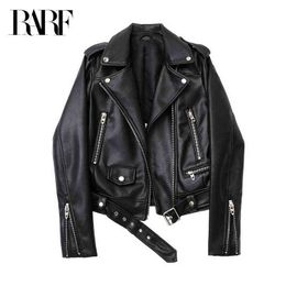 Spring and Autumn 2021 New faux leather PU jacket with belt women's lapel motorcycle jacket black zip biker jacket L220728