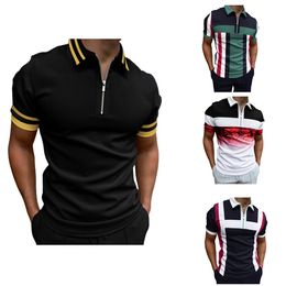 2022 Design Stripe Splicing Color Golf Polos T-shirt For Mens Slim Fit Zipper Lapel Short Sleeve Casual Print Polos T Shirts 7Y-1