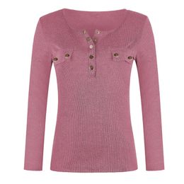 2022 Mulheres Sweter de malha de outono o Pullover de pescoço de manga comprida camiseta solta lazer botões elegantes