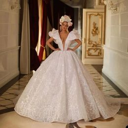 Princess Shiny Ball Gown Wedding Dresses Deep V Neck Strapless Lace Sleeveless Appliques Sequins Floor Length Train Ruffles Plus Size Robe De Mariee Custom Made