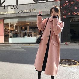 Autumn Winter Wool Coat Women Slim A-line Medium Long Pink Korean Style Pink Coats Ladies Elegant Turn Down Collar Outerwear 201215