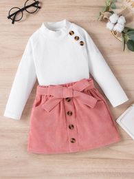 Toddler Girls Fake Button Mock Neck Tee & Belted Skirt SHE