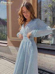 Clacive Sexy V-Neck Blue Women'S Dress 2022 Casual Long Sleeve Belt Midi Dresses Elegant Slim Classic Slit Jacquard Female Dress T220804