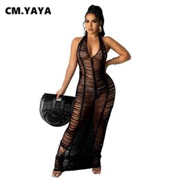 CM.YAYA Women Long Dress Solid Hollow Out Sleeveless Halter V-neck Strechy Maxi Dresses Sexy Night Club Party Vestidos Summer 220506