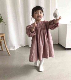 2021 Autumn Girls Mori Cotton Lantern Sleeves Small Fresh Dress Casual Knee-Length Cotton G220428