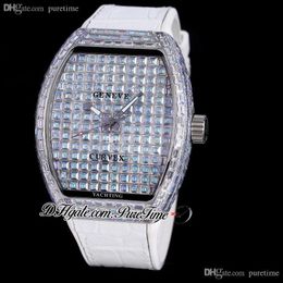 Vanguard V45 Miyota 8215 Automatic Mens Watch Paved Square Diamond Dial Baguette Diamonds Bezel White Gummy Strap Iced Out Jewelry Watches Puretime E243b2